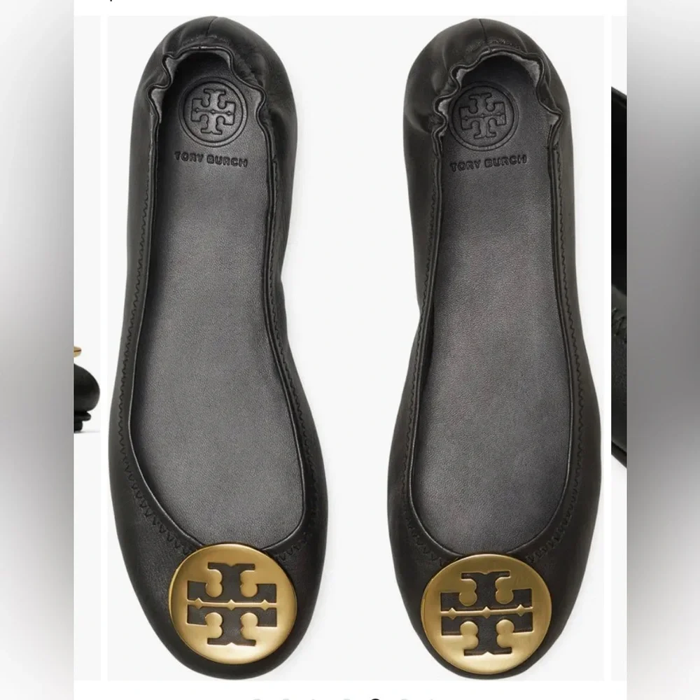 Tory Burch Minnie travel ballerinas gold logo US 6,5 black leather flats